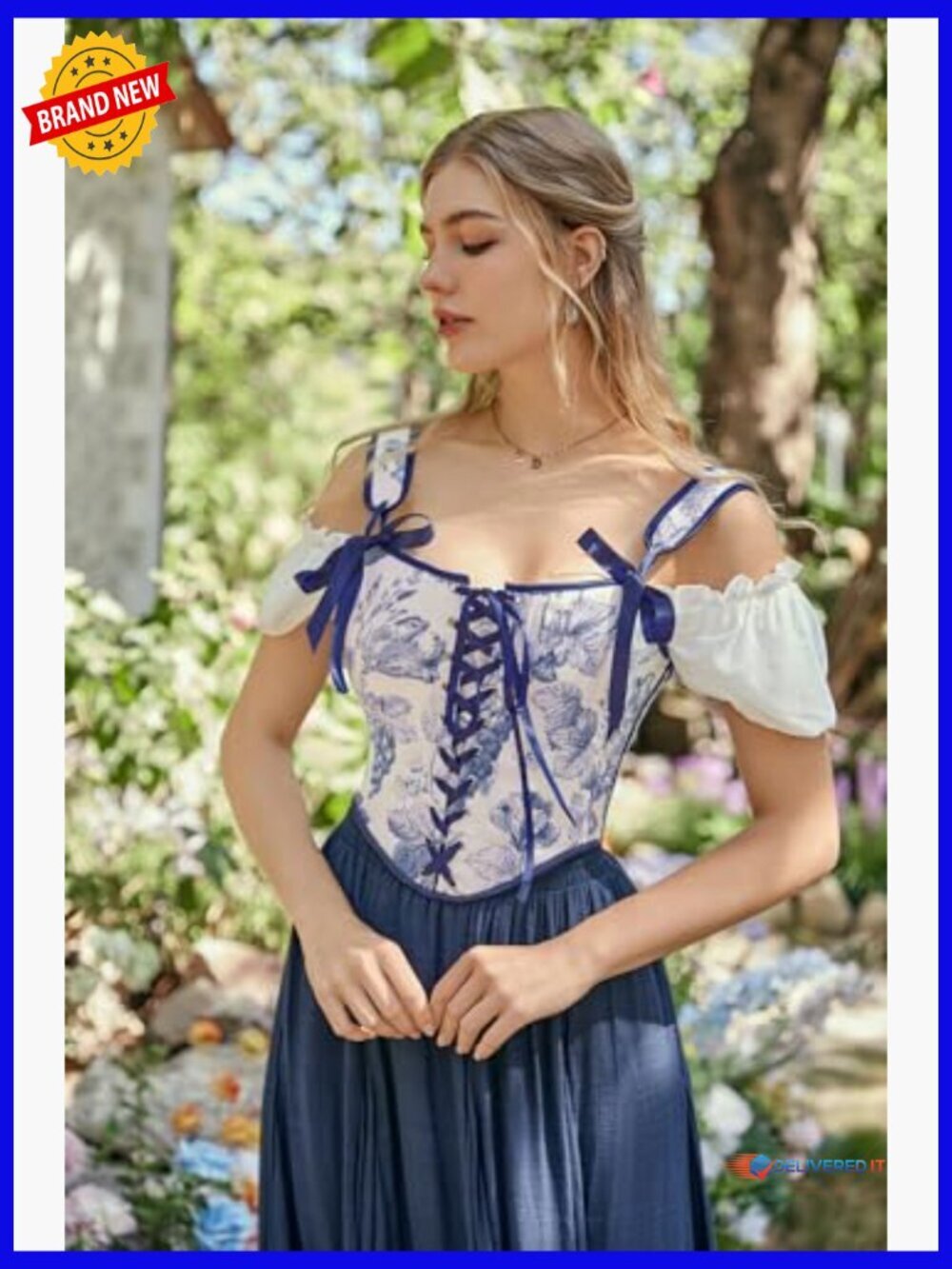 Renaissance Floral Lace-Up Overbust Corset Bodice Top - Picture 2 of 7